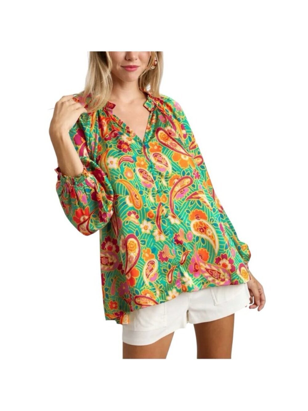 Umgee Green Multi Paisley Print Satin Blouse Medium Long Sleeves Button Front